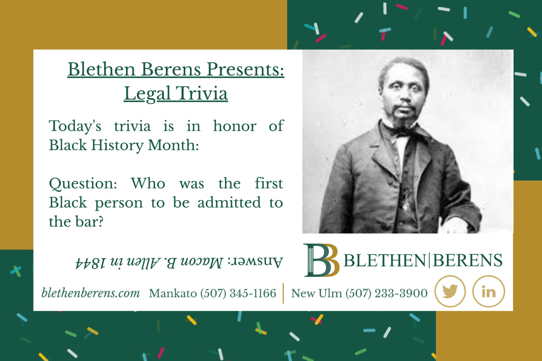Who was the first Black person to be admitted to the bar? Macon B. Allen in 1844. Portrait of Macon B. Allen.