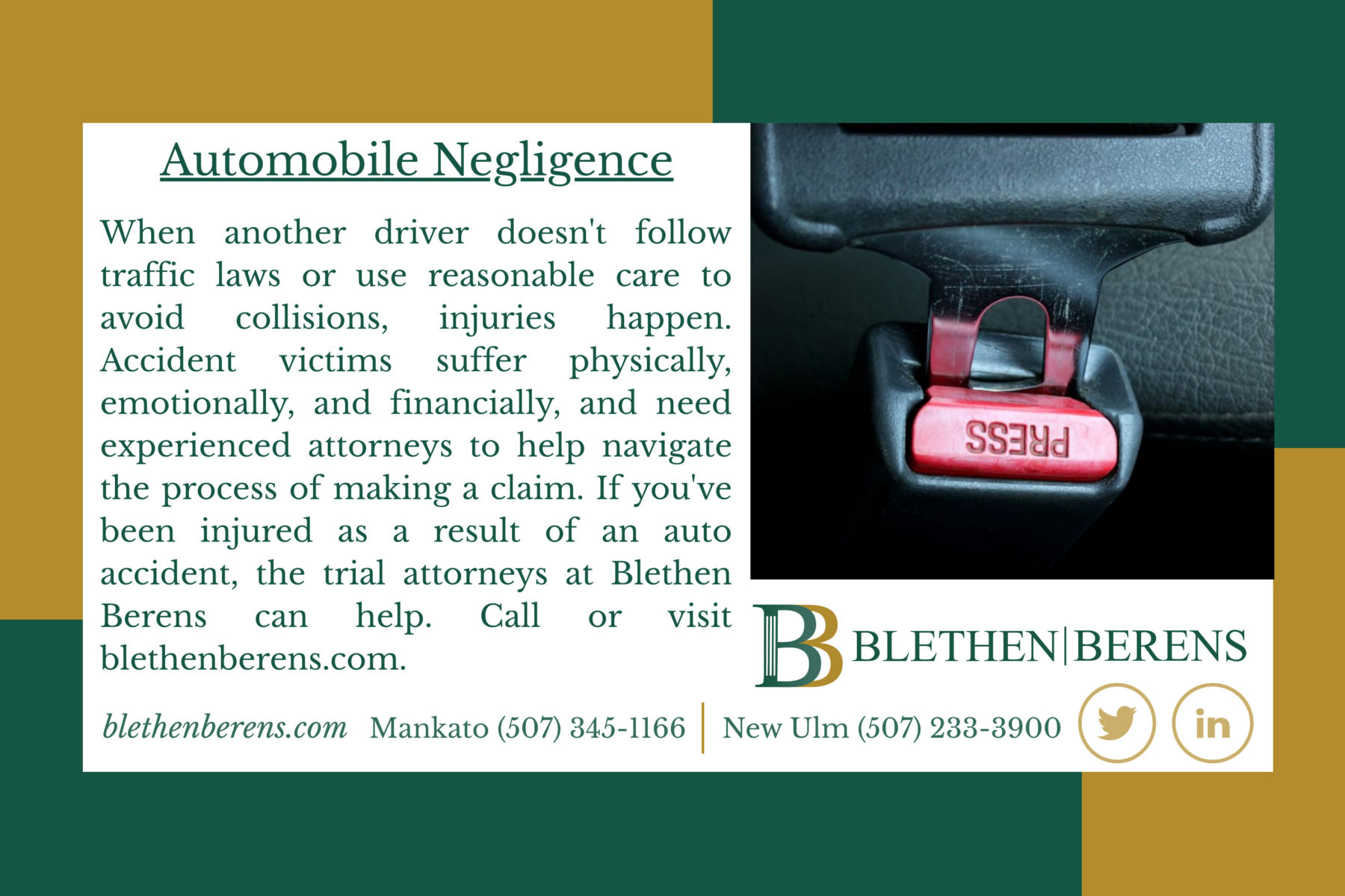 Auto negligence services of Blethen Berens overview and picture of seatbelt.